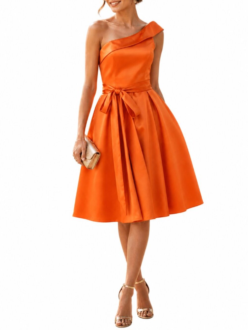 Mori Lee One Shoulder Satin Bridesmaid Dress Size 16 Orange Tea Length with Sash